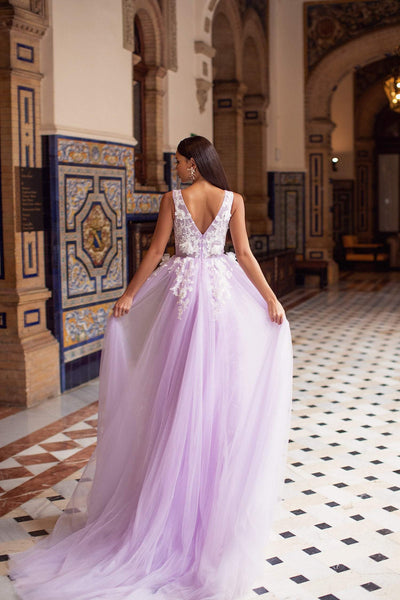 Lilac Tulle A-line V-neck Lace Up Long Prom Dress MP663