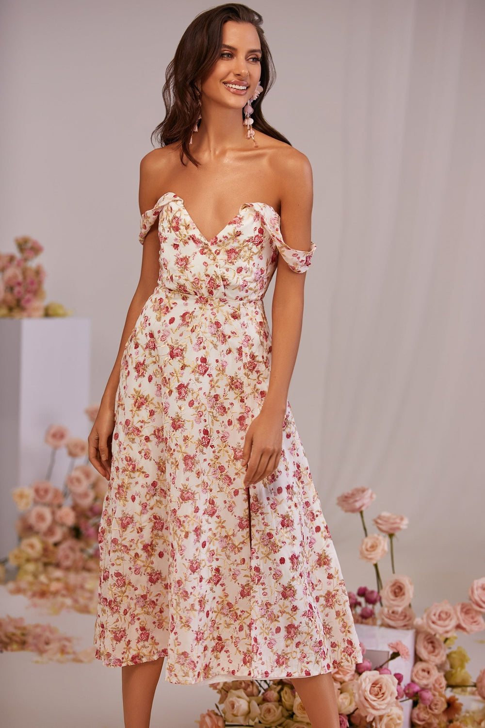 Araminta Floral Midi Dress with Off-Shoulder Sleeves