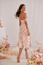 Araminta Floral Midi Dress with Off-Shoulder Sleeves