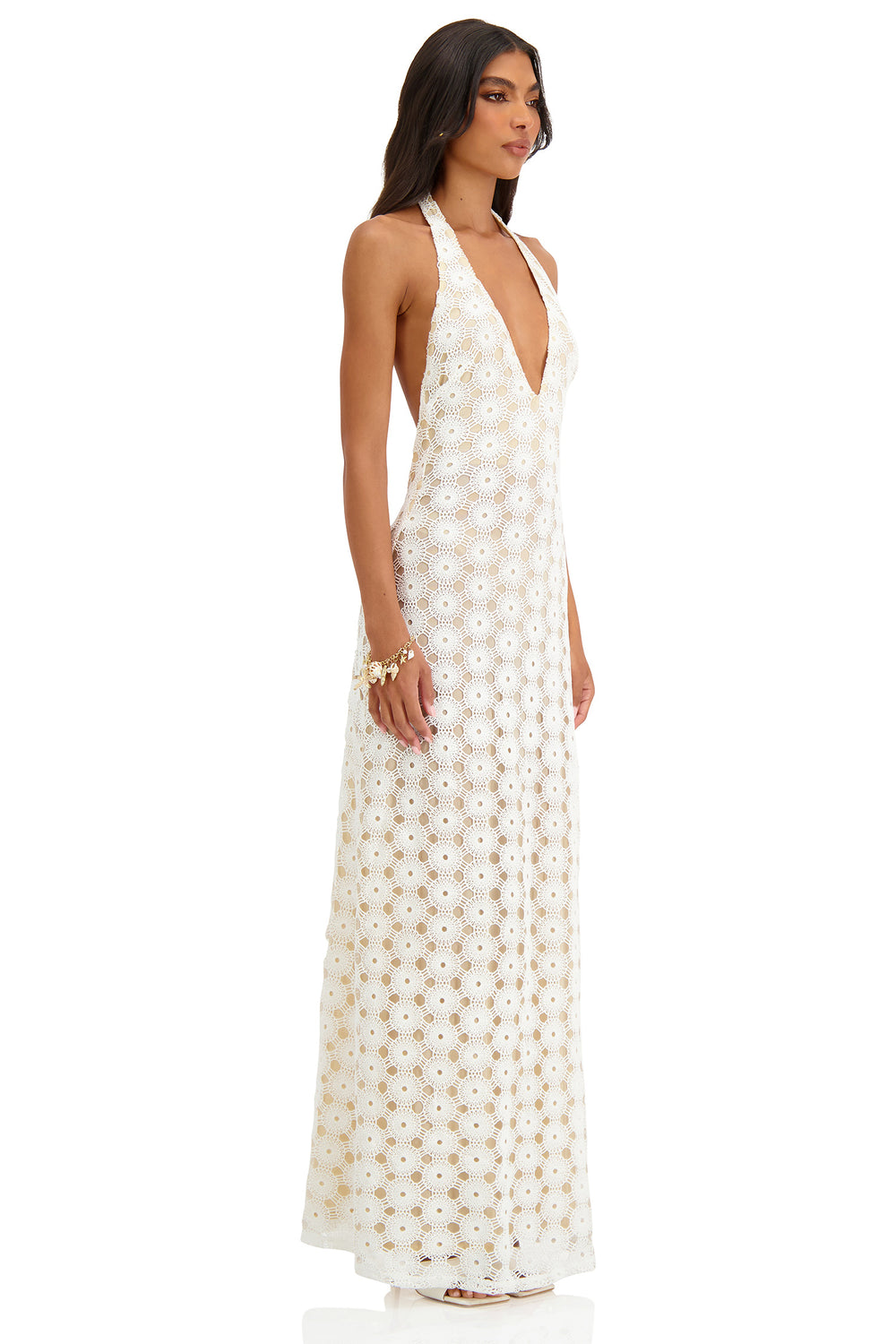 Allegra Crochet White & Nude Maxi Dress