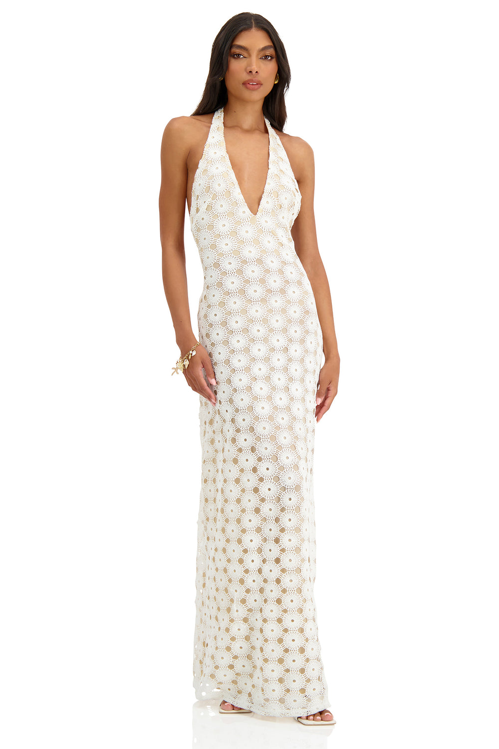 Allegra Crochet White & Nude Maxi Dress