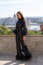 Jessalyn - Black Sequin Jumpsuit with Feathered Cuffs