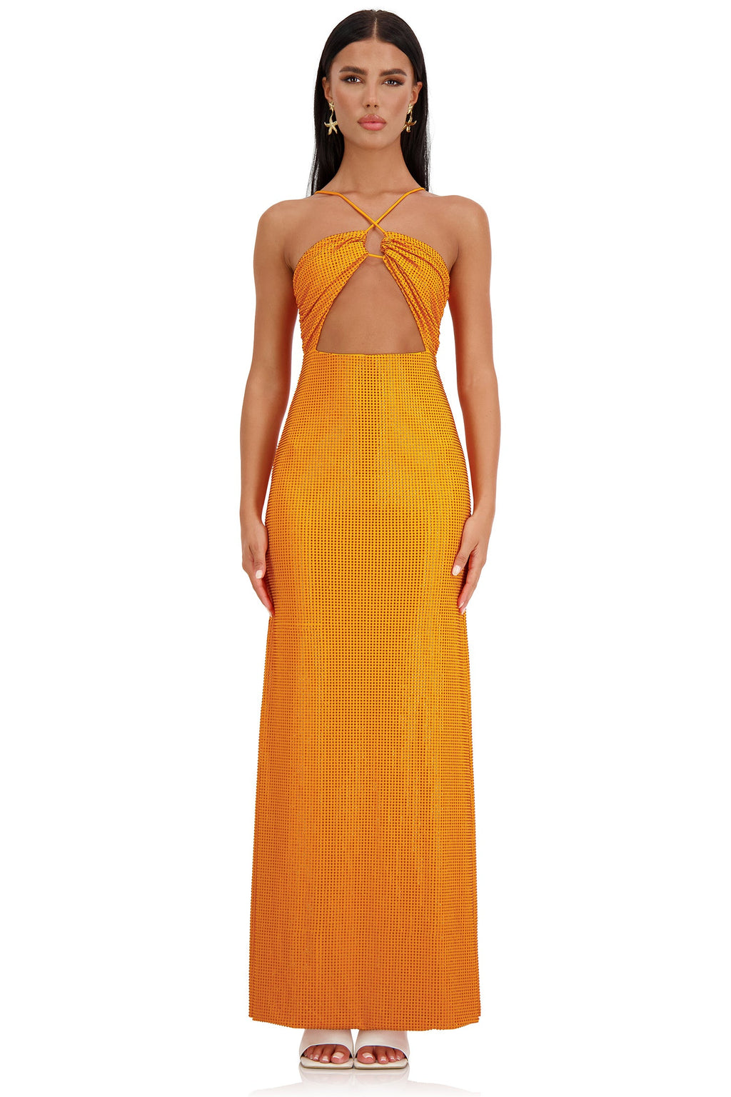 Miuccia Orange Halter Neck Midi Dress 