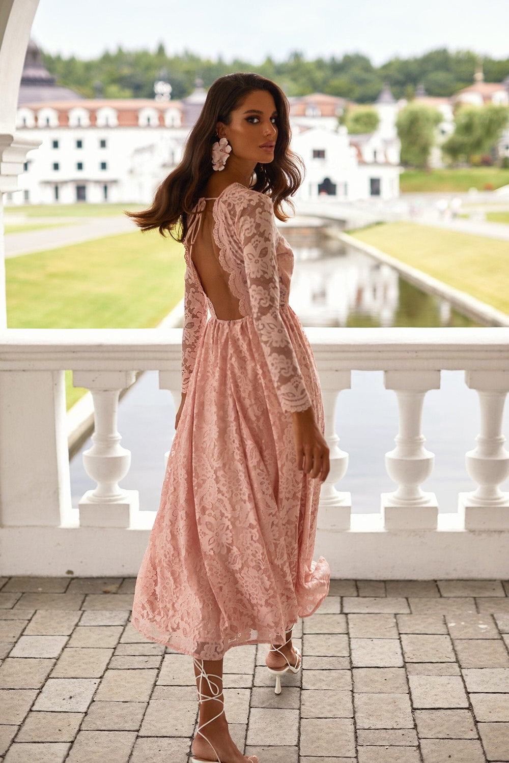 Genevieve Pink Lace Long Sleeve Dress with Open Back