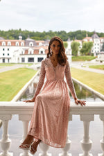 Genevieve Pink Lace Long Sleeve Dress with Open Back