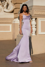 Salou - Lilac Satin Fitted Gown with Cowl Neck & Criss Cross Back