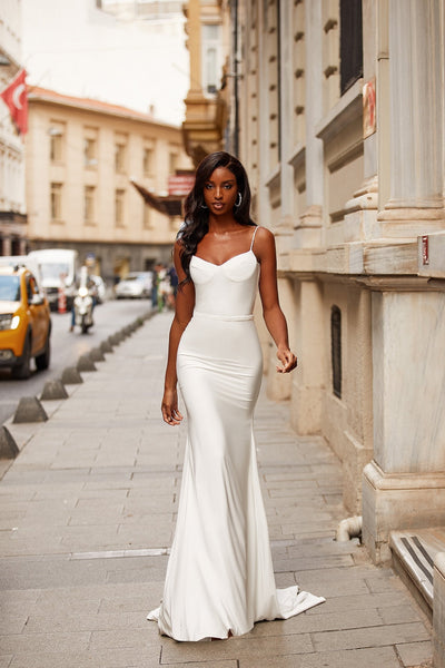 Normani Gown - White Crepe Backless Bridal Gown With Diamante Straps