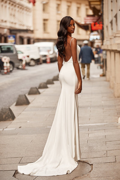 Normani Gown - White Crepe Backless Bridal Gown With Diamante Straps