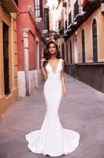 Jovana - White Mermaid Gown with Plunge Neckline & Long Train 