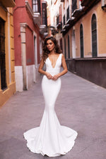 Jovana - White Mermaid Gown with Plunge Neckline & Long Train 