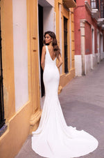 Jovana - White Mermaid Gown with Plunge Neckline & Long Train 