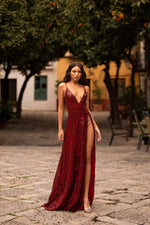 Celestia - Burgundy Sequin Gown with Lace-Up Back & Side Slit