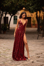 Celestia - Burgundy Sequin Gown with Lace-Up Back & Side Slit