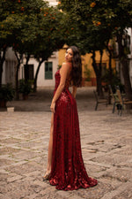 Celestia - Burgundy Sequin Gown with Lace-Up Back & Side Slit