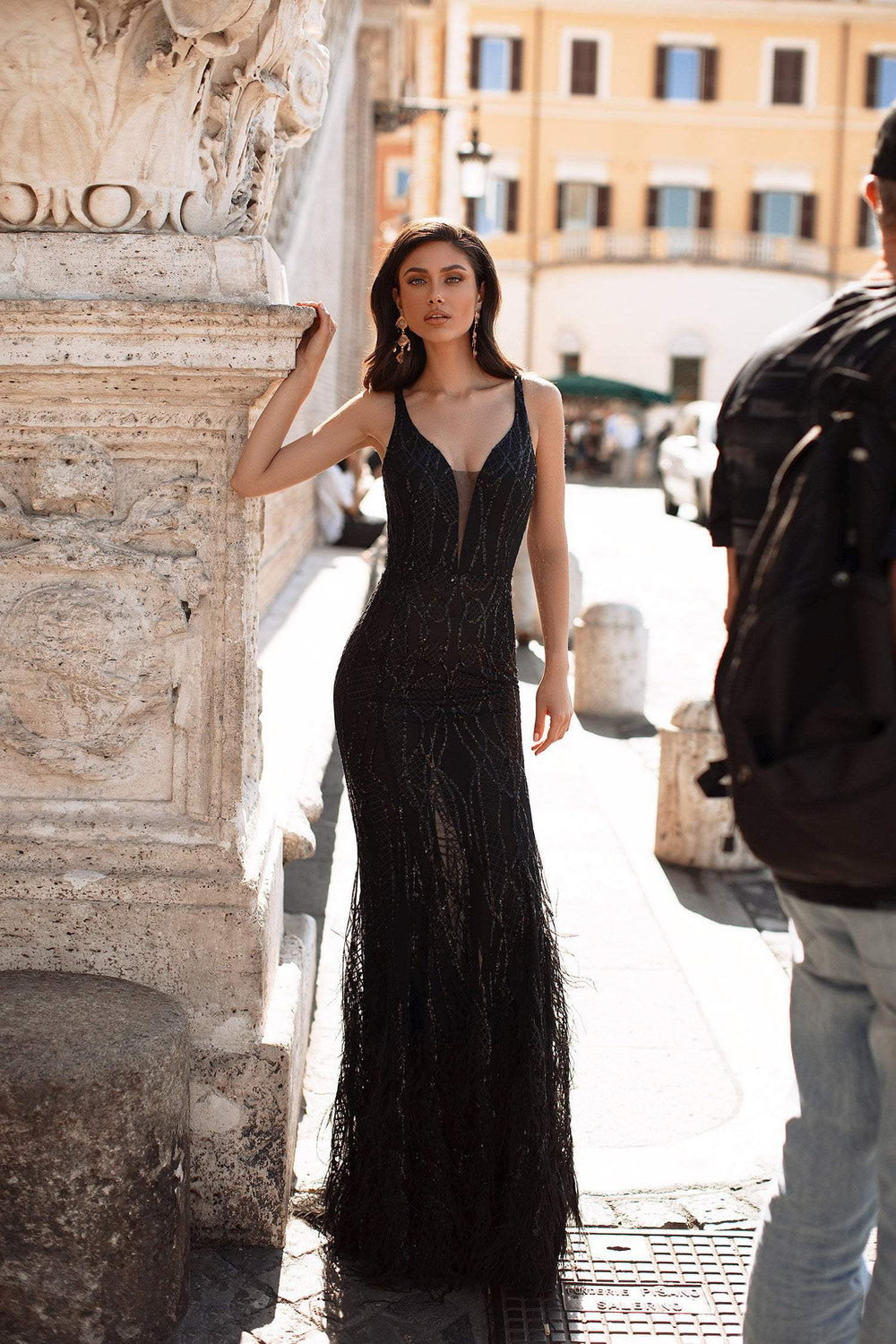 Filippa - Black Sequin V-Neck Backless Gown with Mermaid Train