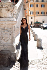 Filippa - Black Sequin V-Neck Backless Gown with Mermaid Train