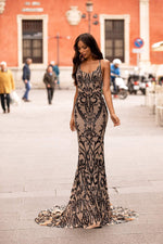 Ramona - Nude & Black Sequin Gown with Scoop Neck & Lace-Up Back