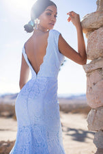 A&N Luxe Ivy - Sky Blue Lace Gown with Plunge Neck & Open Back 