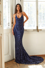 Ramona - Navy Sequin Mermaid Gown with Scoop Neck & Lace-Up Back