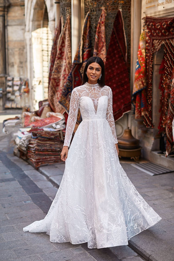 Caria Sheer Long Sleeve Bridal Gown 