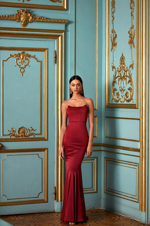 Dione Wine Red Satin Strapless Gown | Afterpay | Laybuy | Klarna