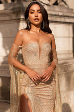 Jocelina - Gold Glitter Gown | Long Off-Shoulder Sleeves & Side Slit