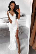 Nia - White Lace Gown with side Slit & V Neckline