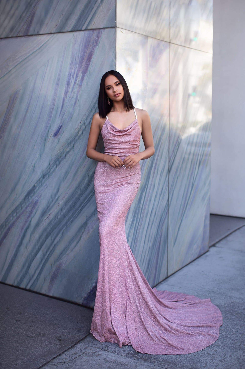 A&N Luxe Tanisha  Gown - Dusty Pink Lurex Shimmering Cowl Neck Prom Gown