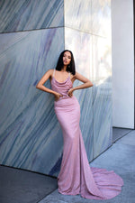 A&N Luxe Tanisha  Gown - Dusty Pink Lurex Shimmering Cowl Neck Prom Gown